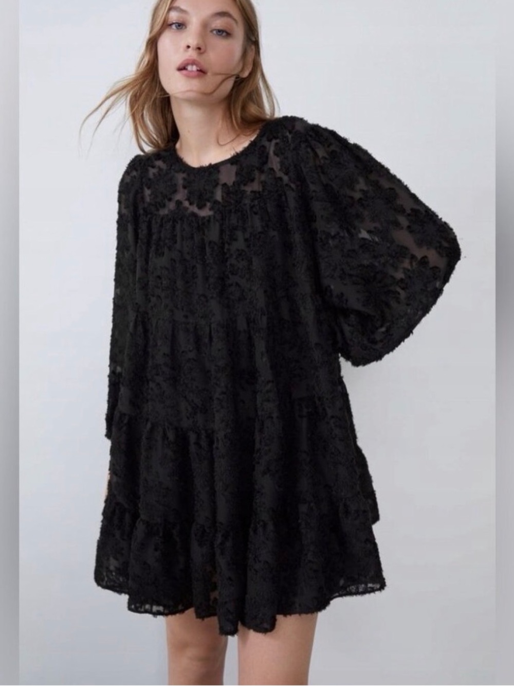 Zara Black Textured Tiered Mini Dress with Sheer Yoke